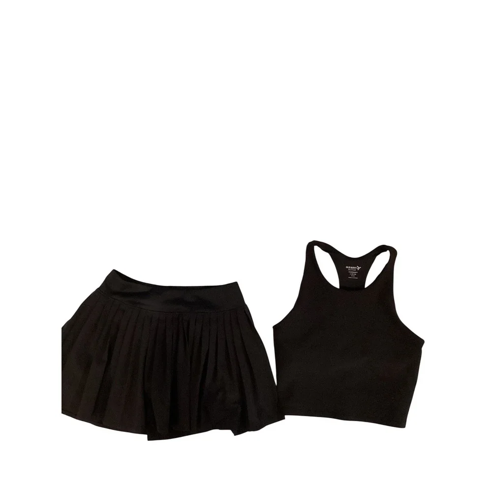 Old Navy All In Motion Kids Activewear Set Black Crop Top L Skort M Pleated 2pc